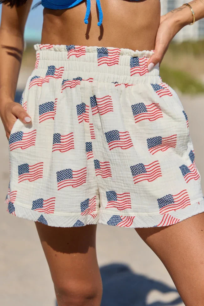 Ready For A Change Cream Flag Print Gauze Shorts