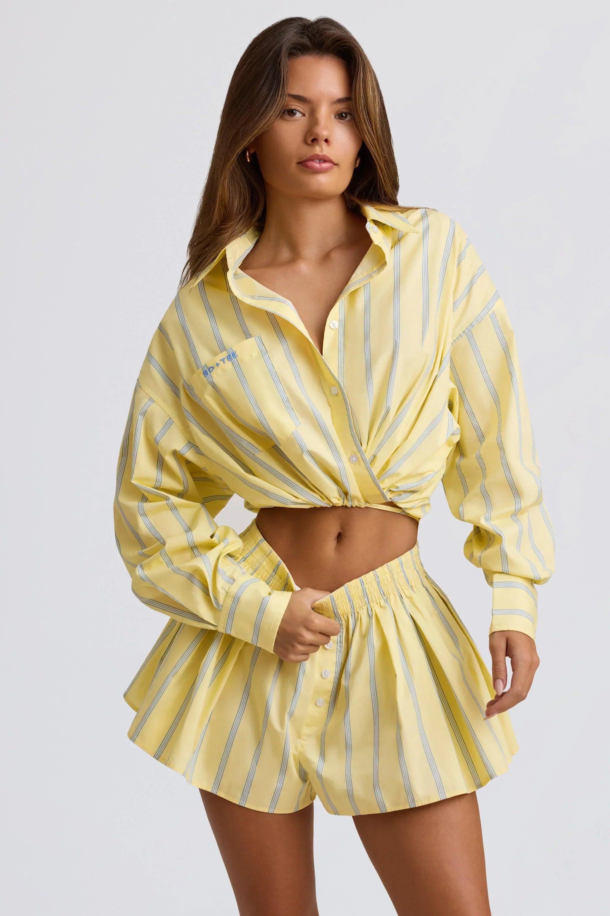 Cotton Poplin Stripe Multiway Cropped Shirt in Yellow Stripe