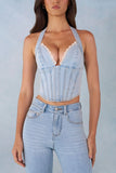 Halterneck Denim Corset Style Top in Light Denim