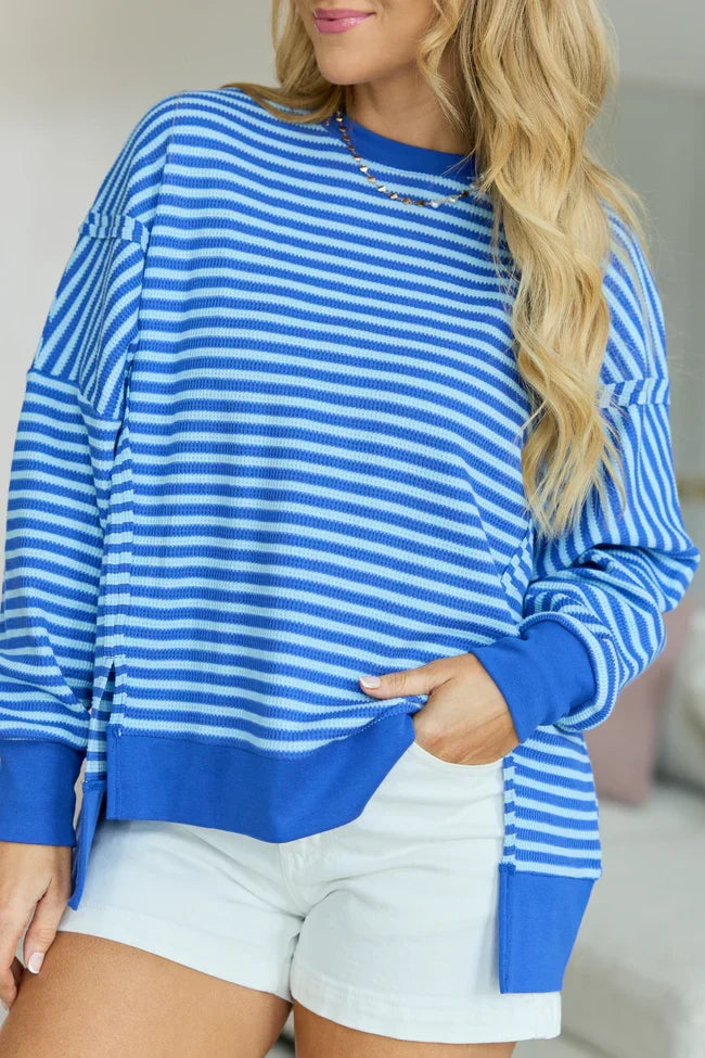 Kara Blue Stripe Waffle Pullover