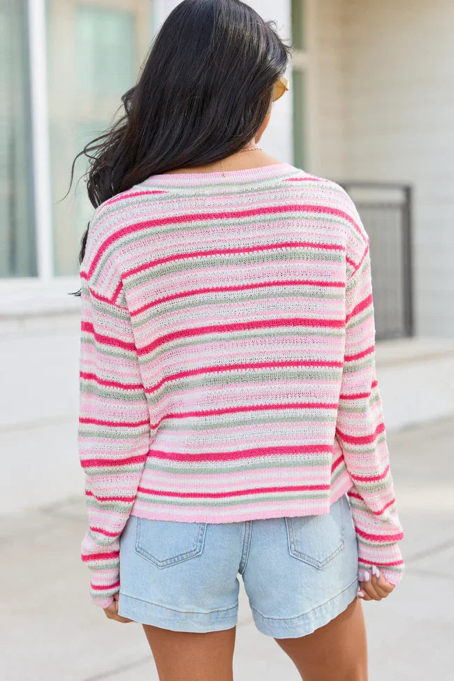 Saylor Pink And Green Striped Cardigan