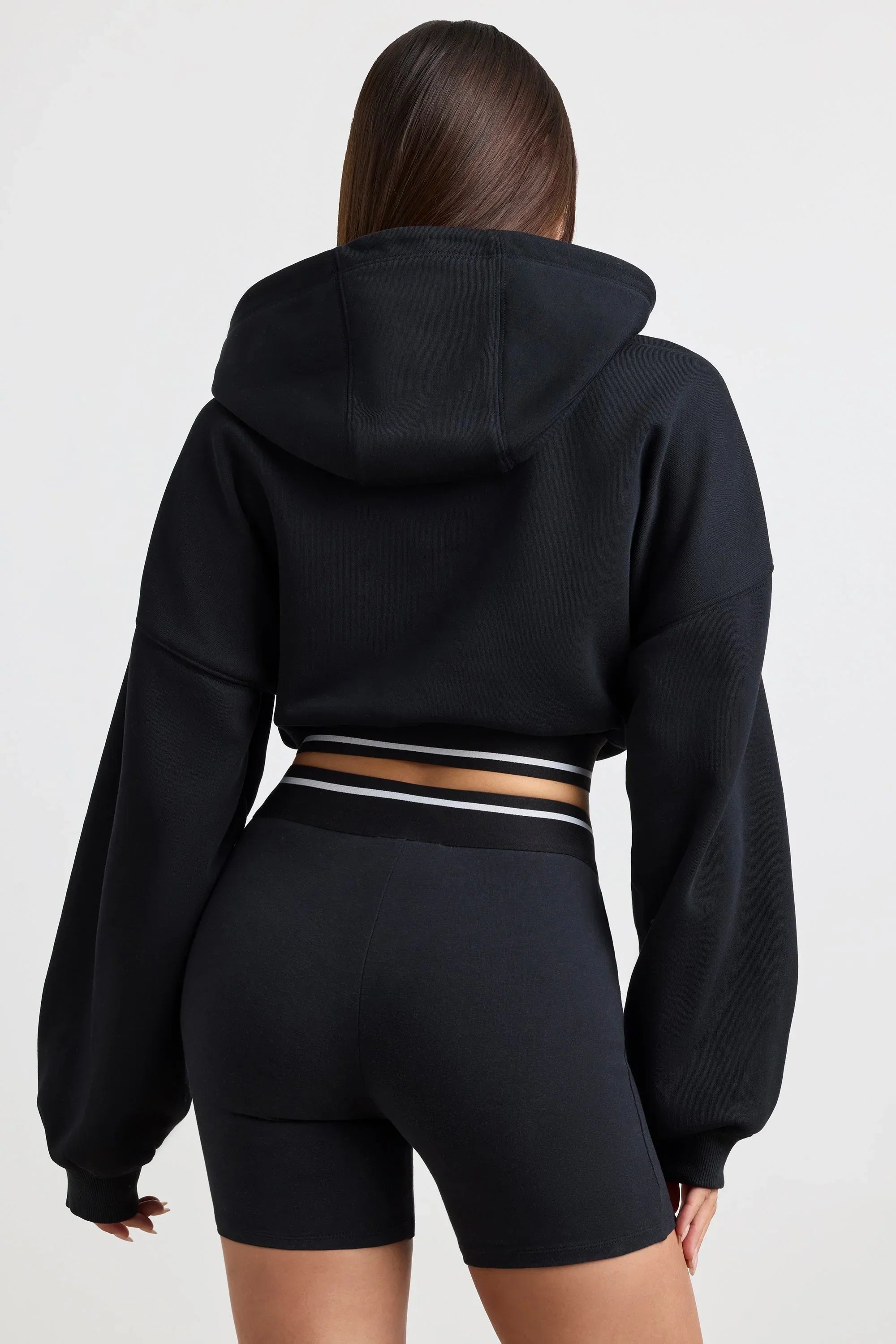 Stretch Cotton Fleece Cropped Hoodie in Black