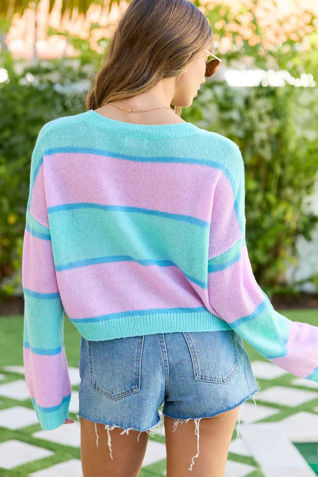 Penelope Purple And Turquoise Stripe Cropped Sweater