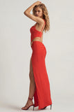 Textured Jersey Asymmetric Maxi Dress in Chilli Red