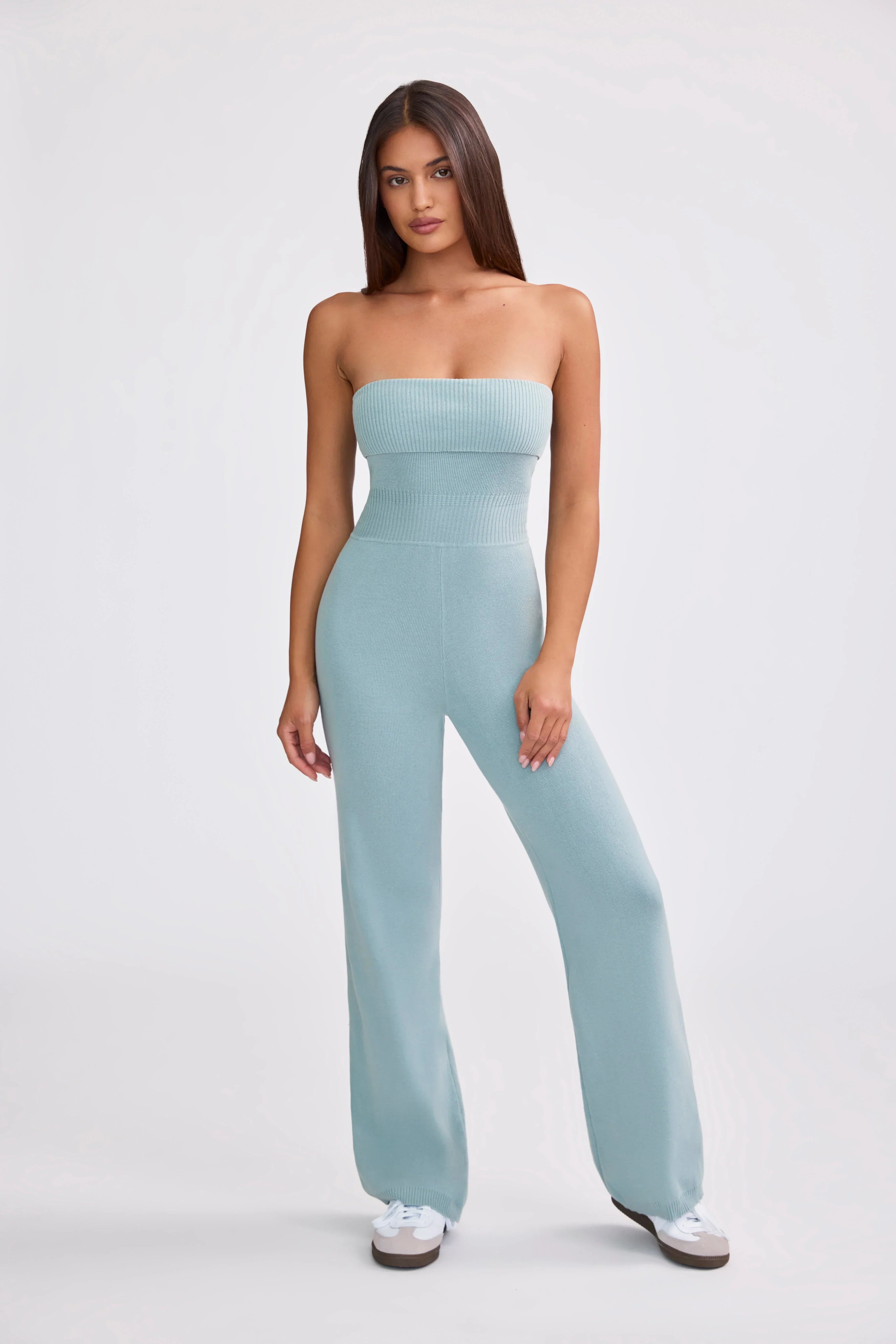 Chunky Knit Bandeau Kick Flare Jumpsuit in Dusty Teal