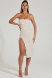 Embellished Bandeau Cowl Neck Midi Dress in Ivory