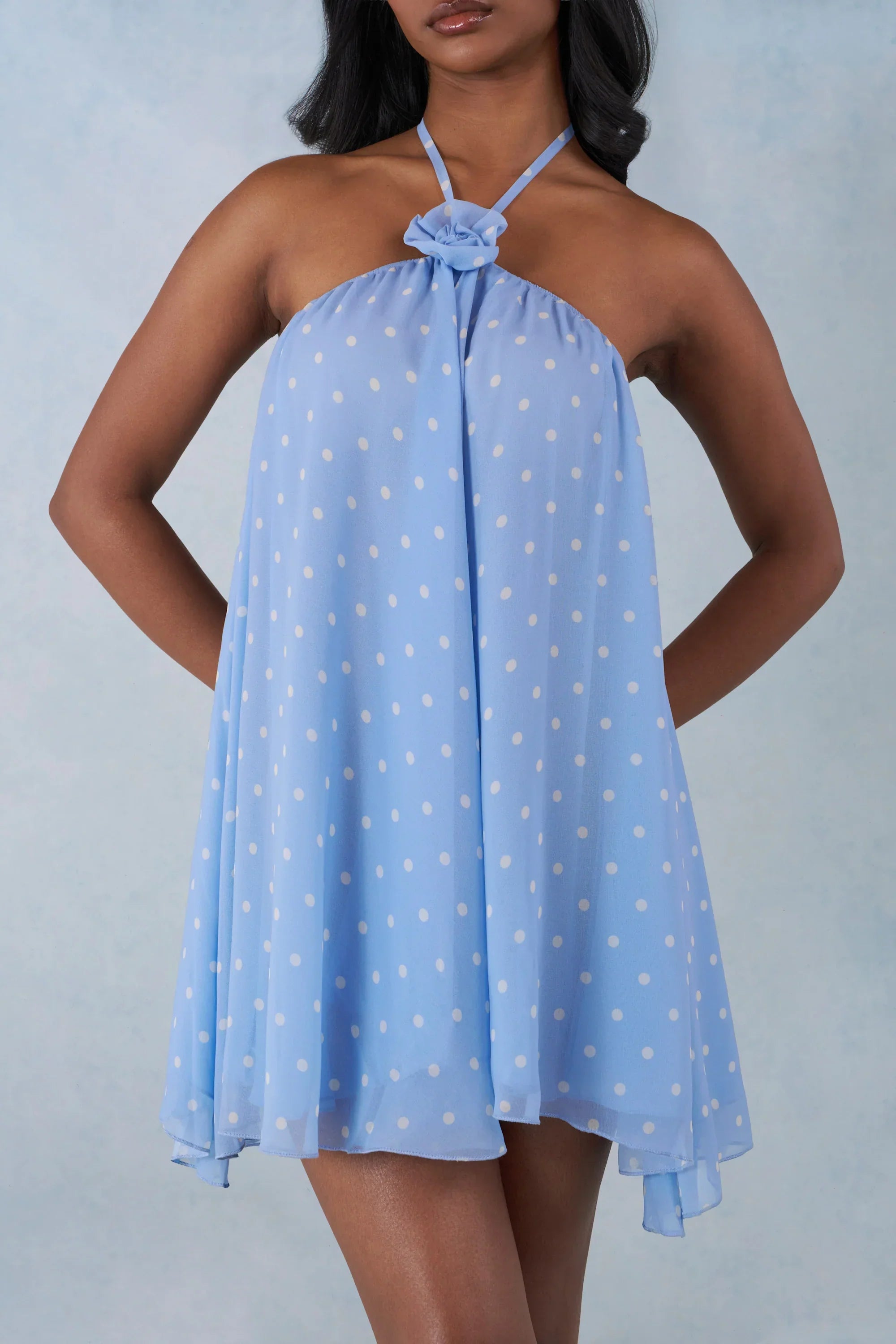 Halterneck Babydoll Mini Dress in Blue Polka Dot Print