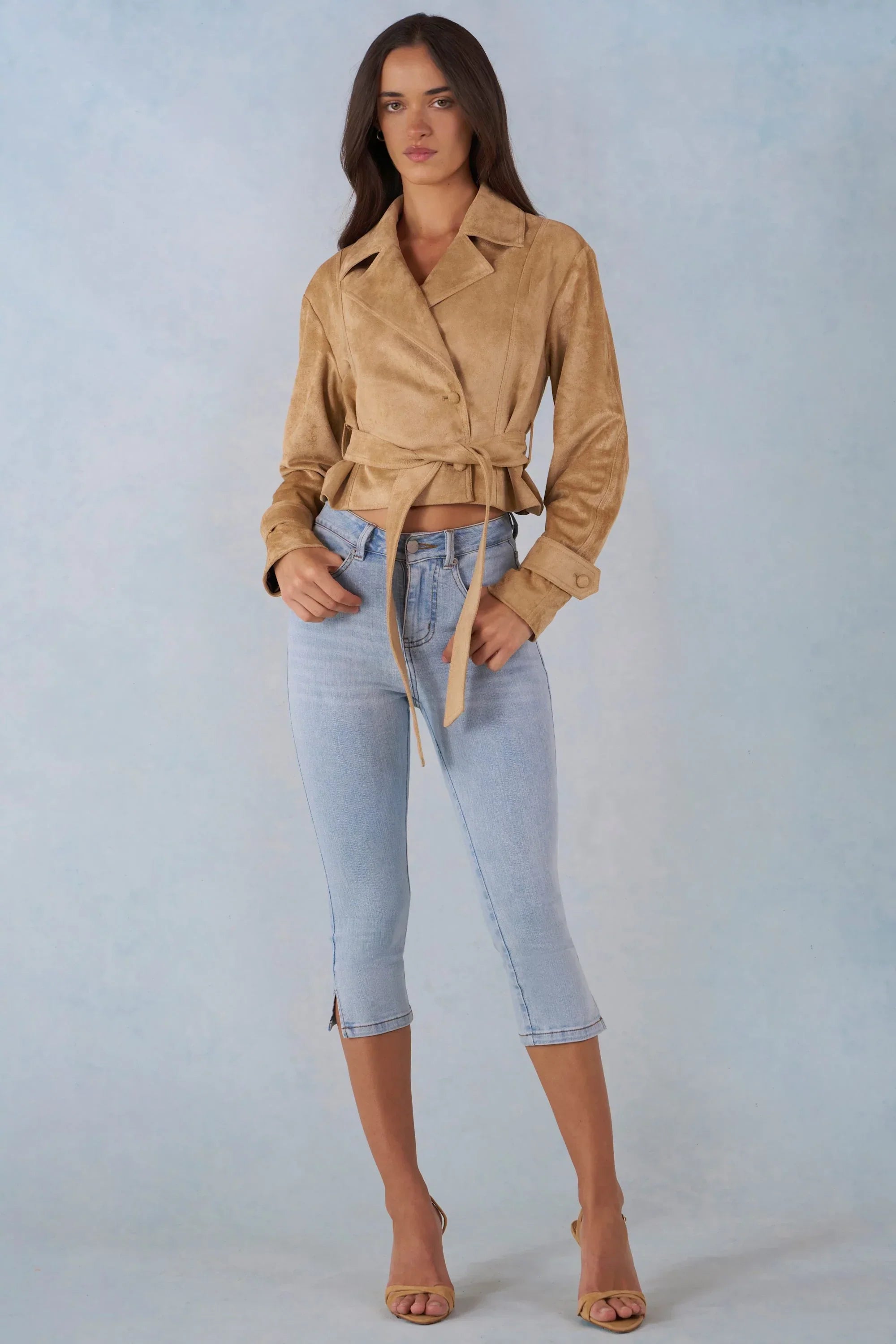 Faux Suede Cropped Belted Jacket in Tan