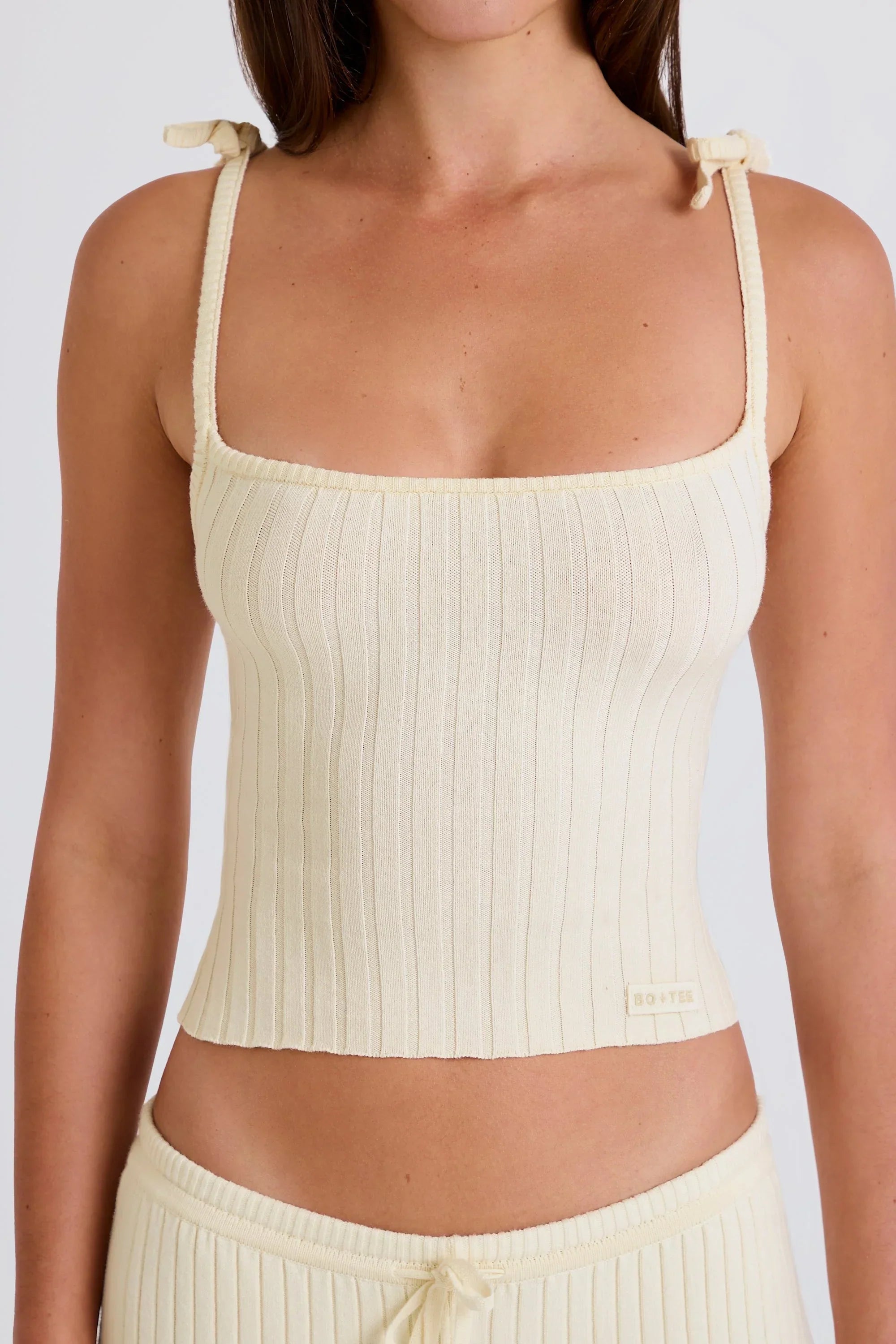 Ribbed Knit Tie Tank Top in Cream