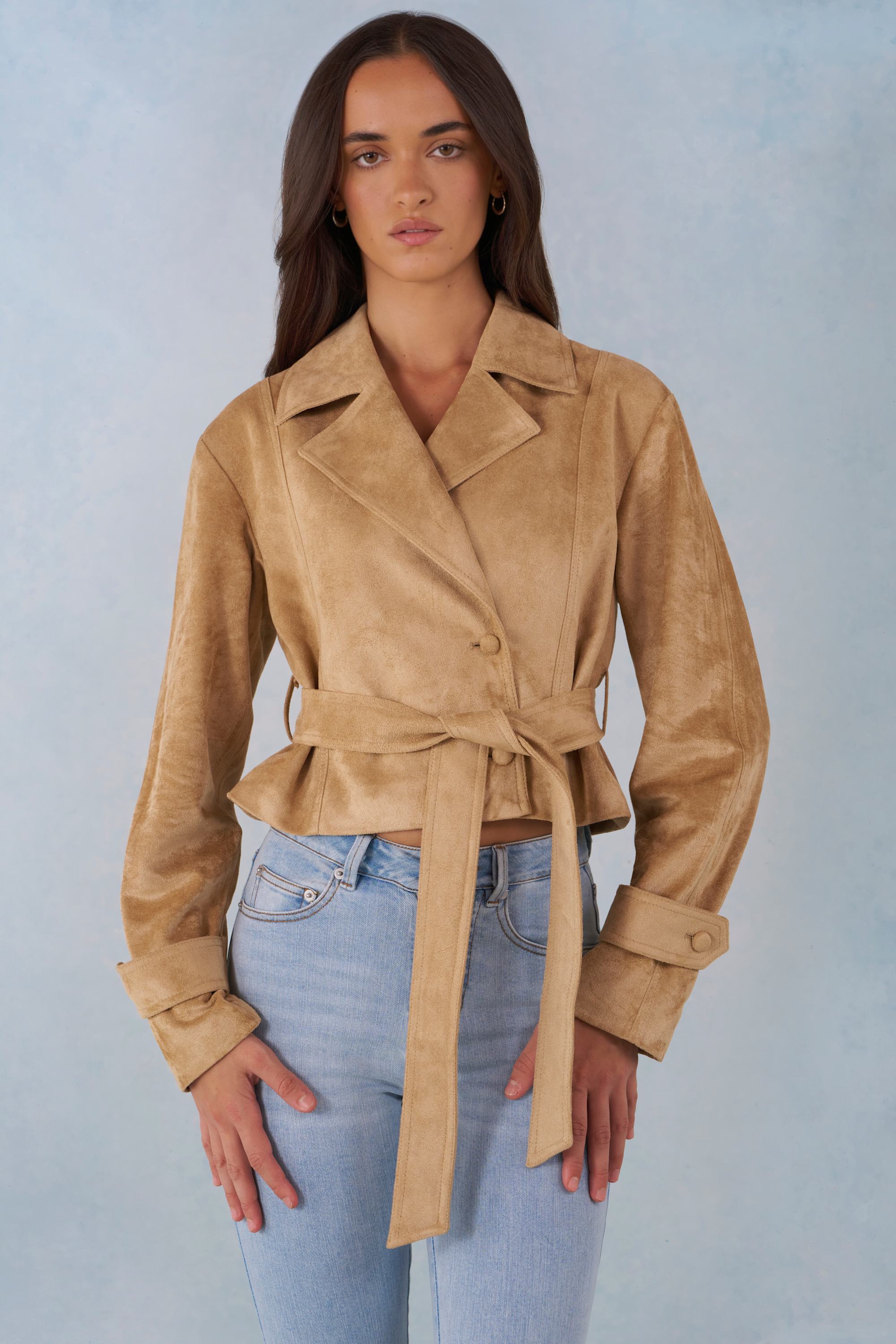 Faux Suede Cropped Belted Jacket in Tan