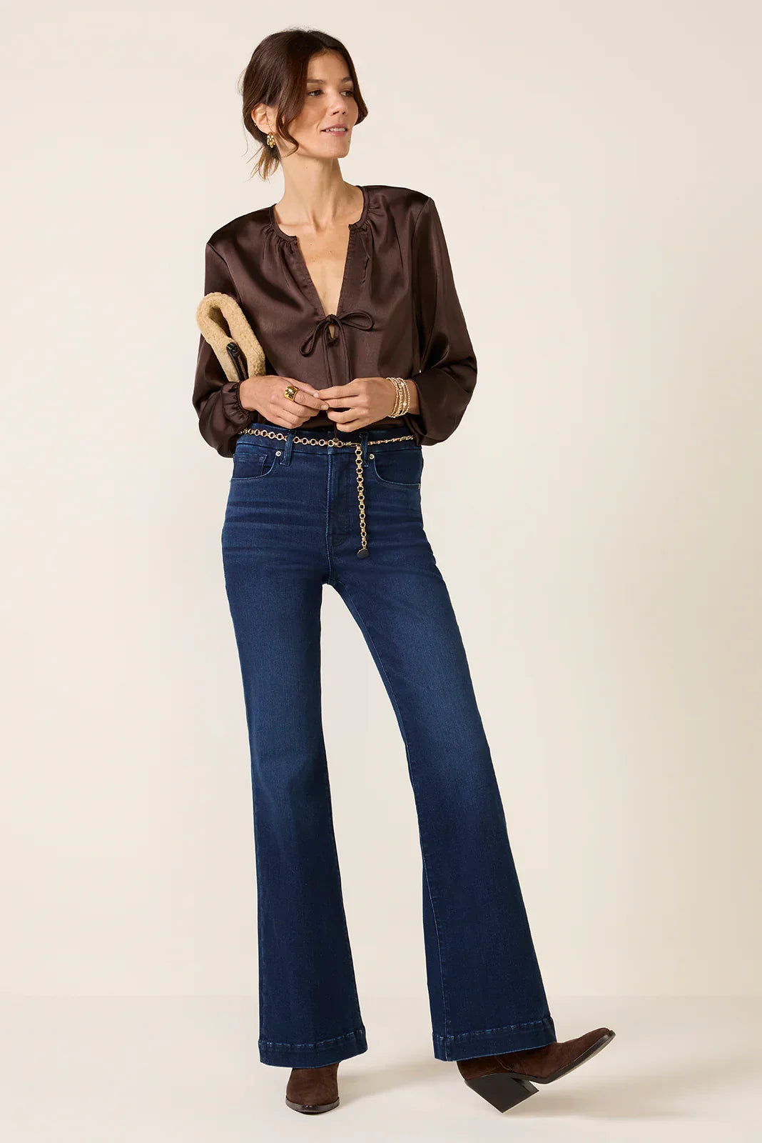 Satin V Neck Bow Top