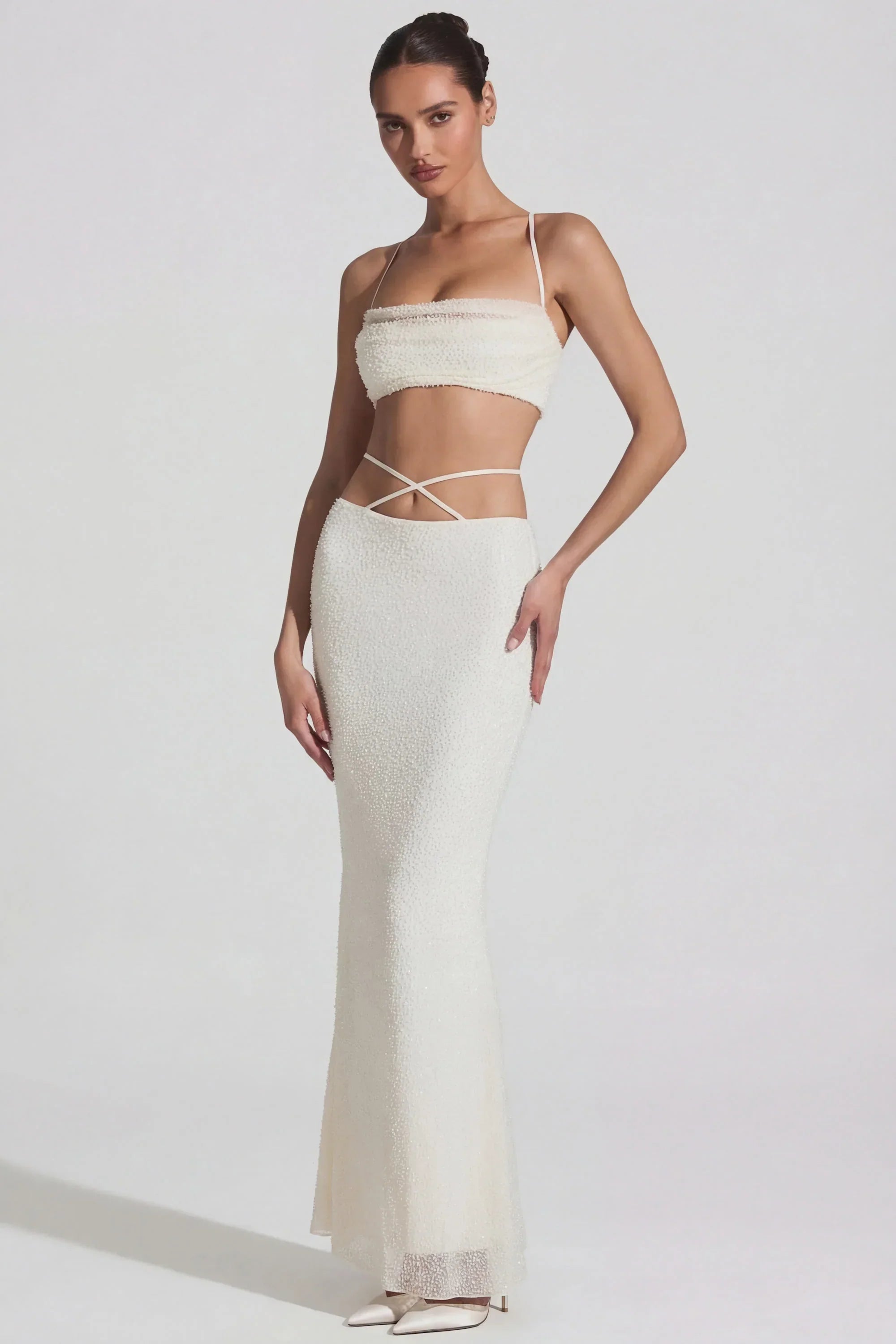 Embellished Cross Back Crop Top in White