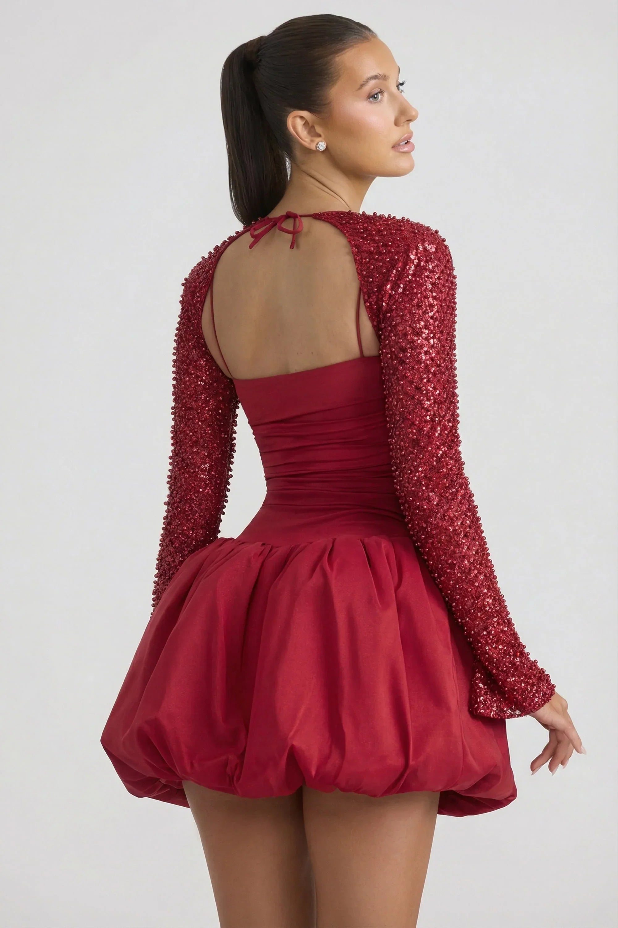 Embellished Bubble Hem Mini Dress in Red