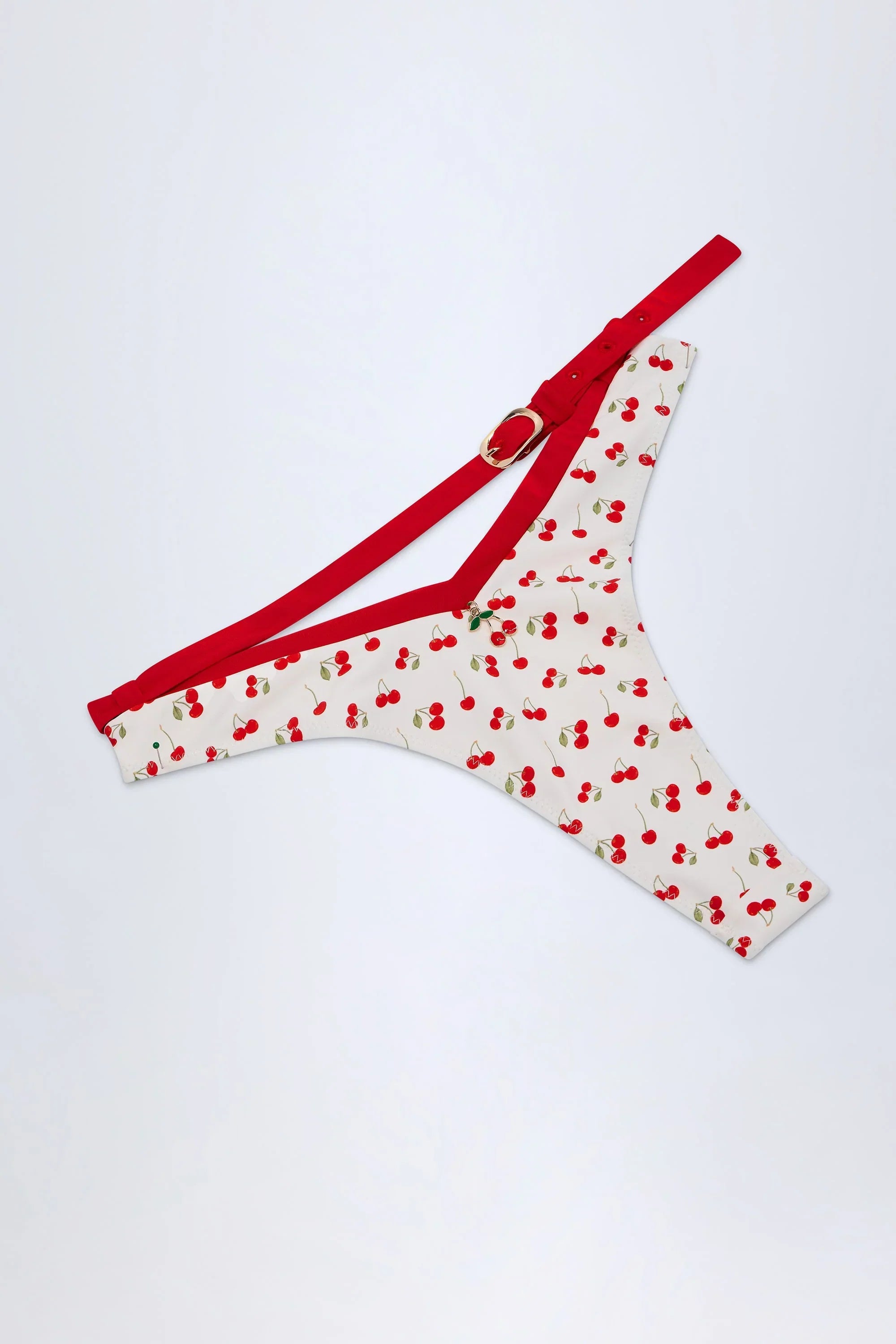 Contrast Belted Thong Bikini Bottoms in Cherry Print