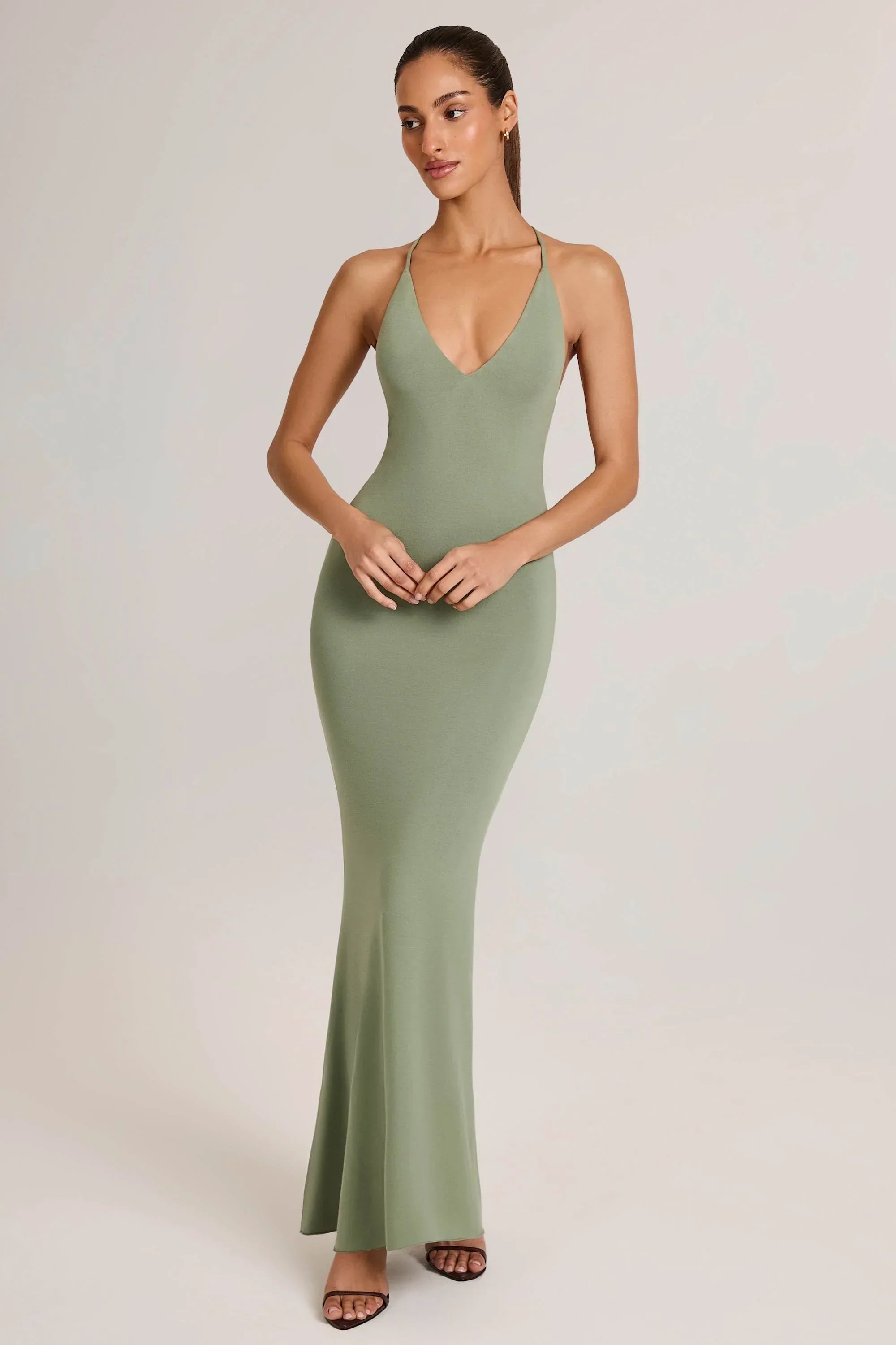 Modal Plunge Backless Maxi Dress in Sage Green