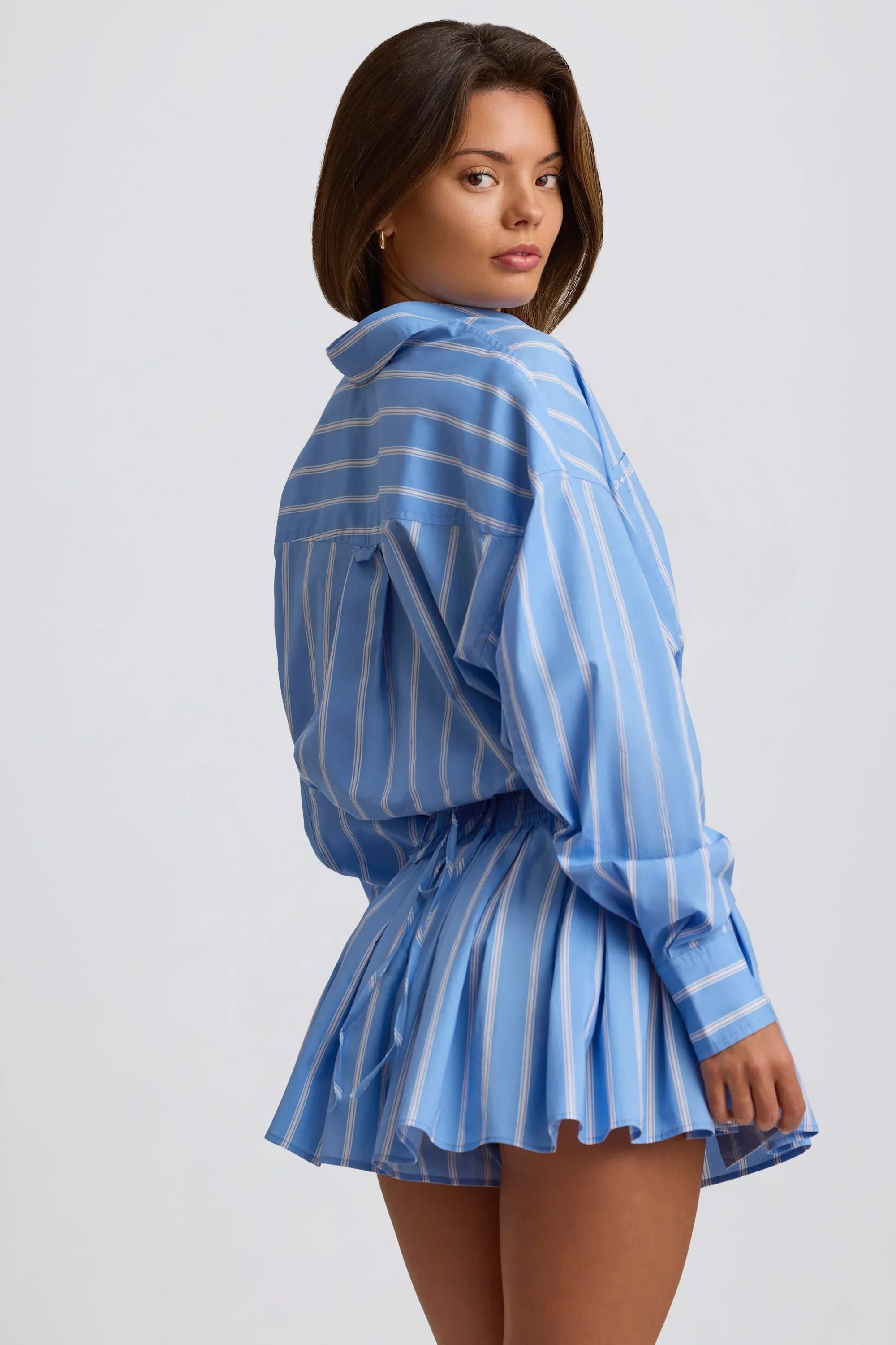 Cotton Poplin Stripe Multiway Cropped Shirt in Blue Stripe