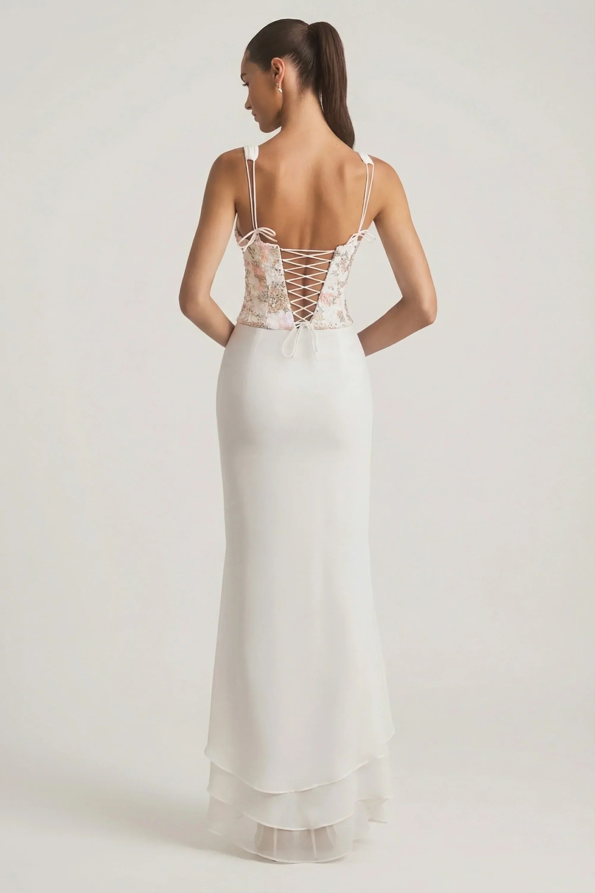 Embellished Plunge Ruffled Corset Maxi Dress in Ivory