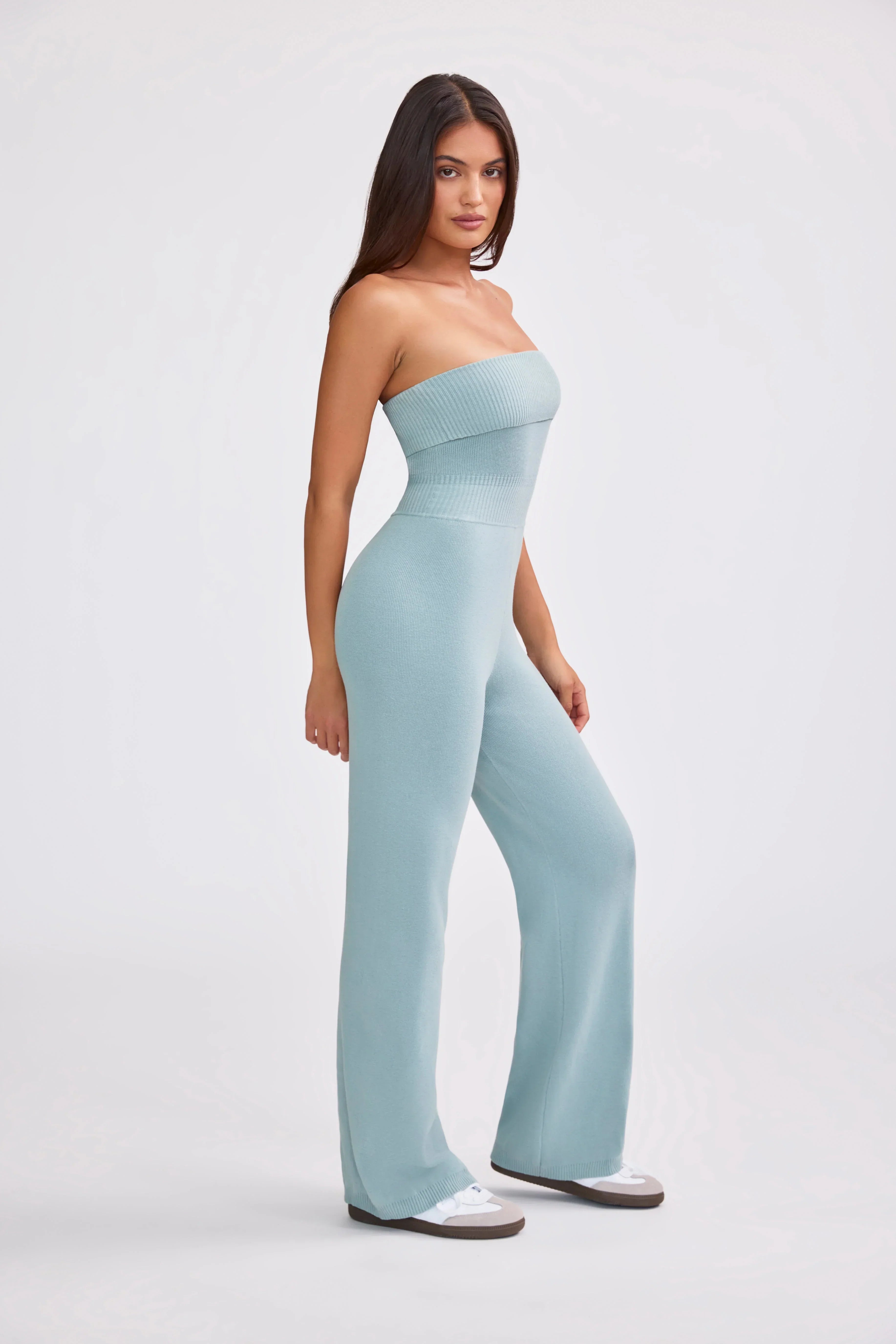 Chunky Knit Bandeau Kick Flare Jumpsuit in Dusty Teal