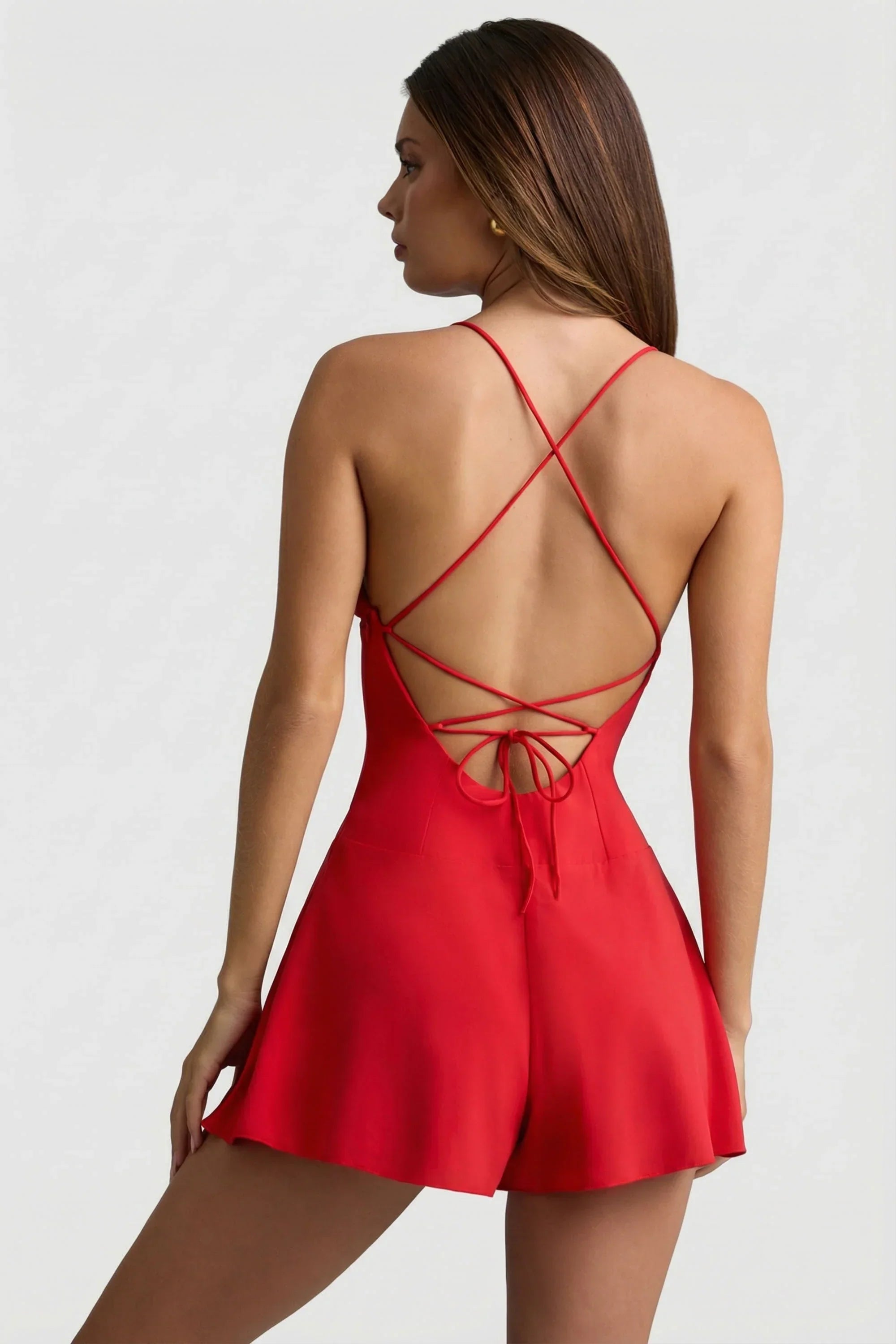 Ruched Backless Playsuit in Scarlet Red
