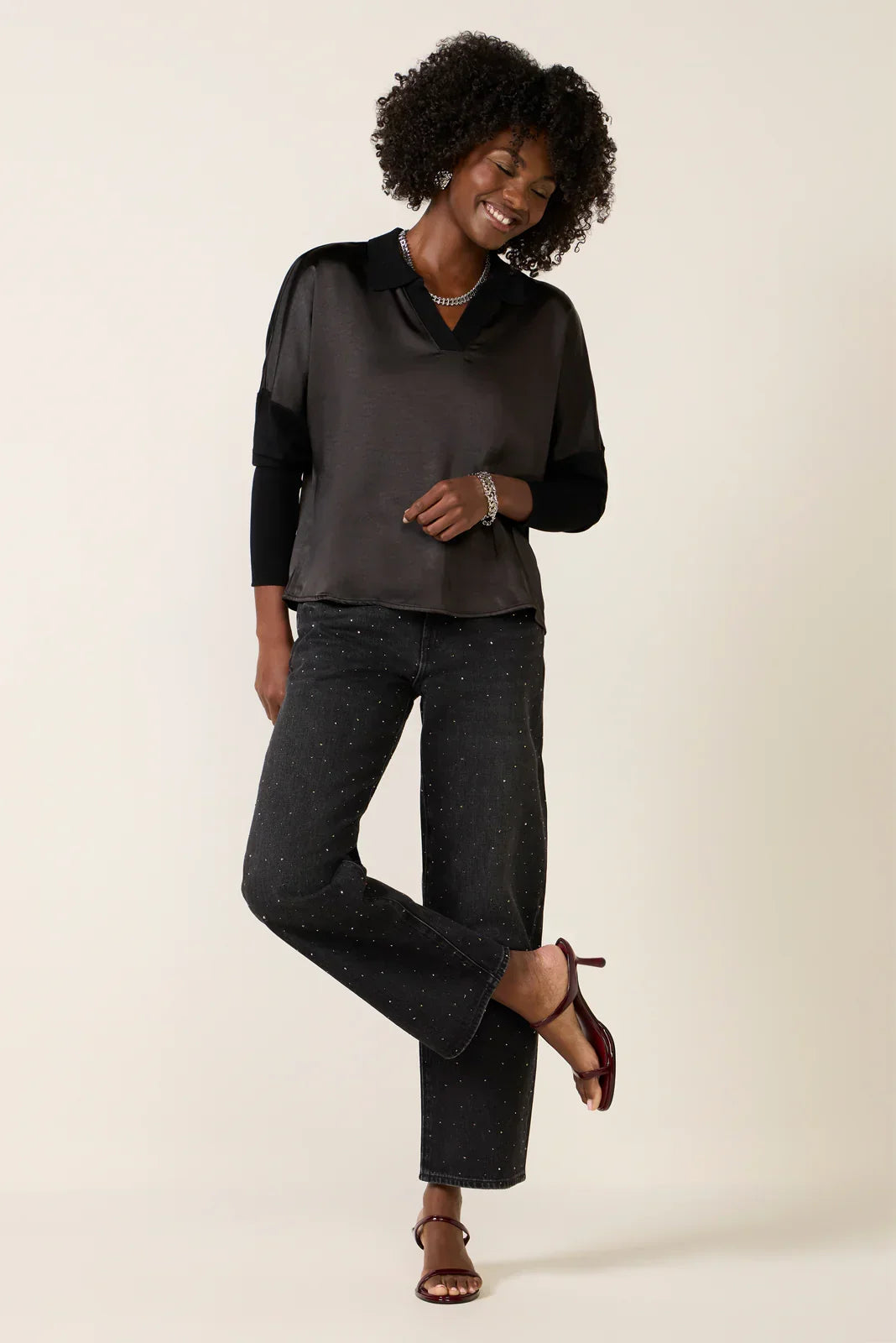 Tina Mixed Media Satin Top