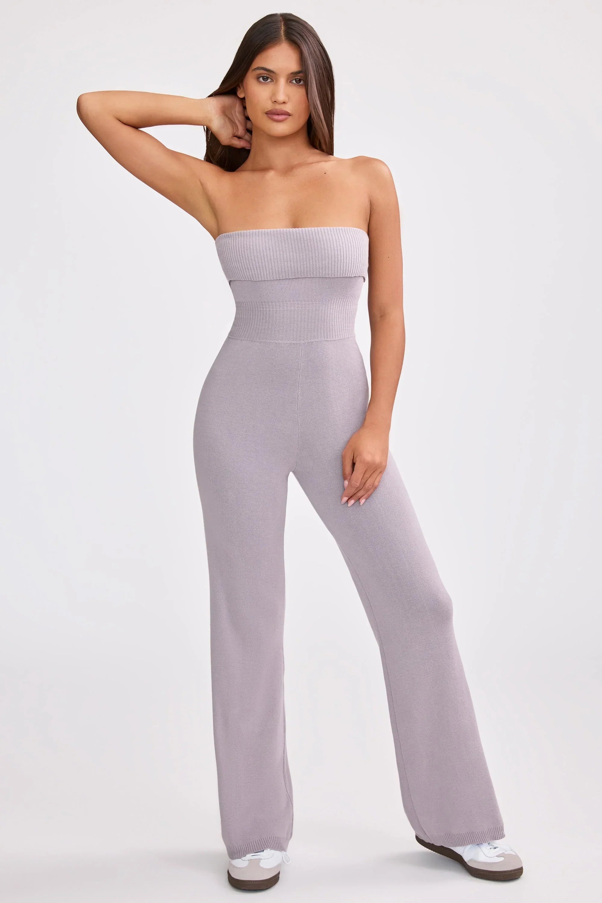 Chunky Knit Bandeau Kick Flare Jumpsuit in Dusty Lavender