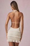 Ruffled Backless Halterneck Mini Dress in Ivory