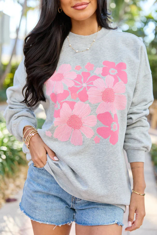 Organic Floral Print Light Grey Graphic Sweatshirt