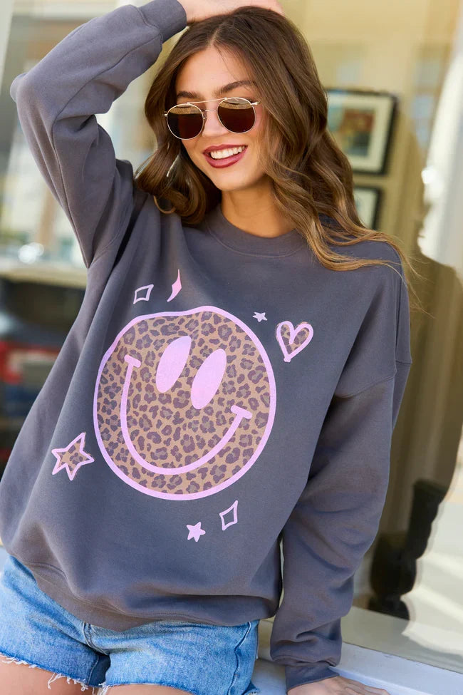 Leopard Smiley Face Dark Grey Graphic Sweatshirt