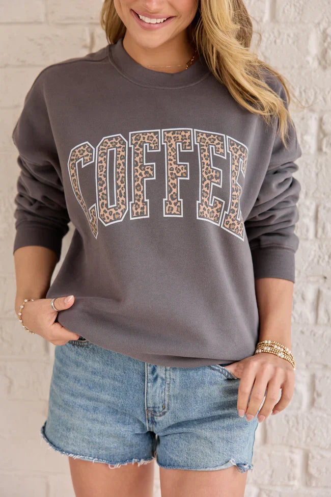 Coffee Leopard Print Dark Grey Graphic Sweatshirt