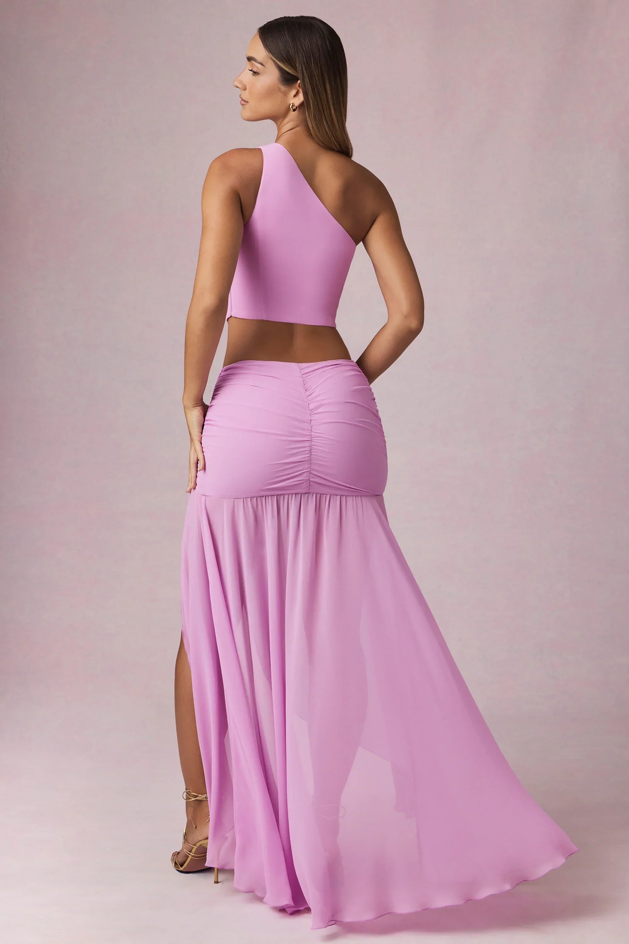 Asymmetric Ruched Maxi Skirt in Pink Orchid