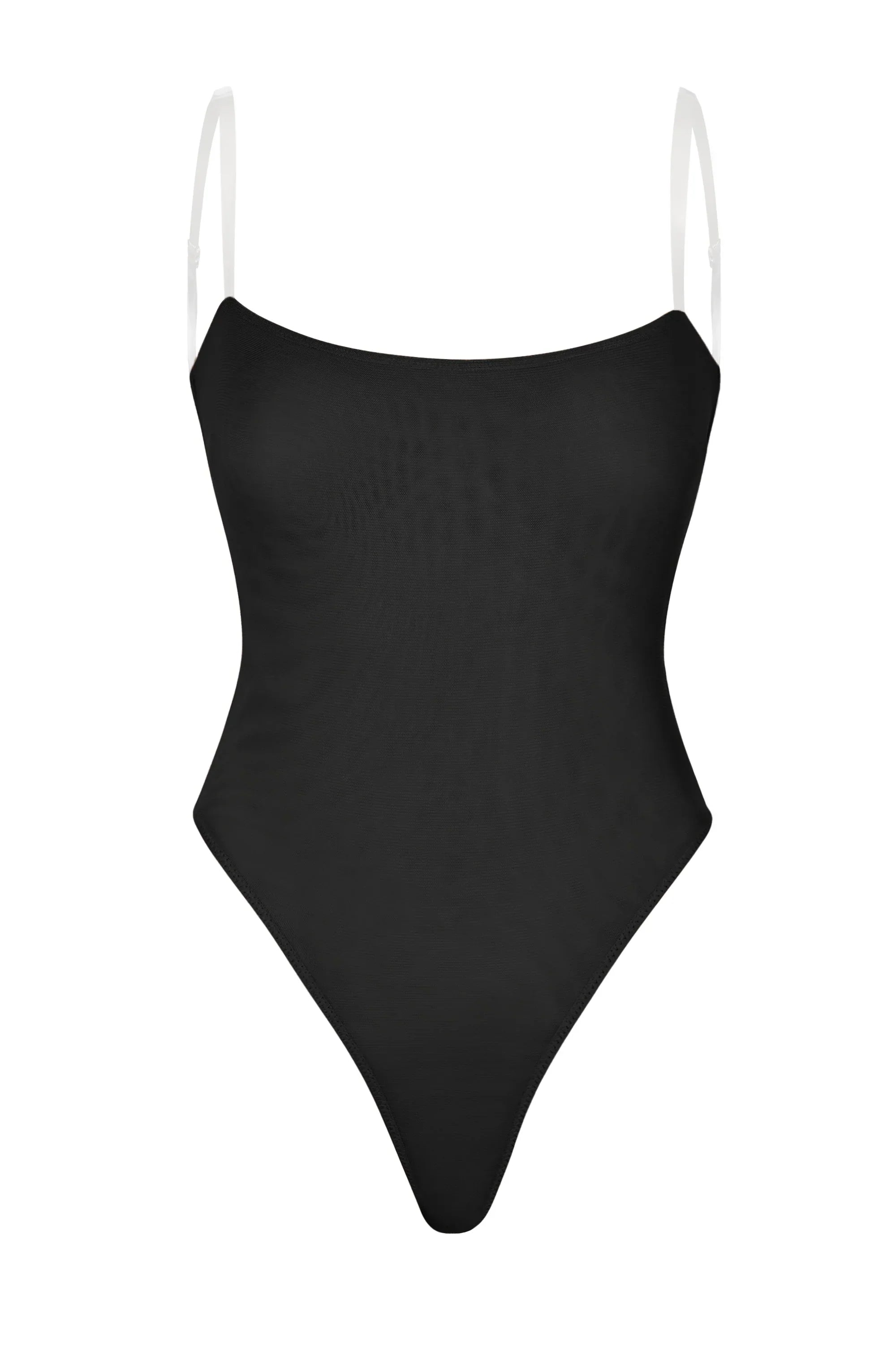 Soft Mesh Invisible Strap Thong Bodysuit in Black